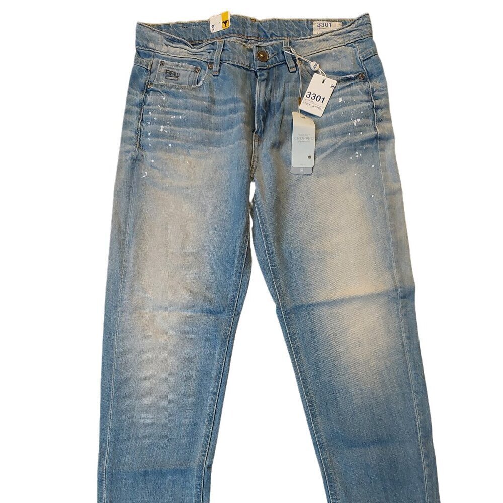 G-Star Raw 3301 Tapered Aged Light Blue Scatter Denim Ripped Jeans Sz 26 NWT